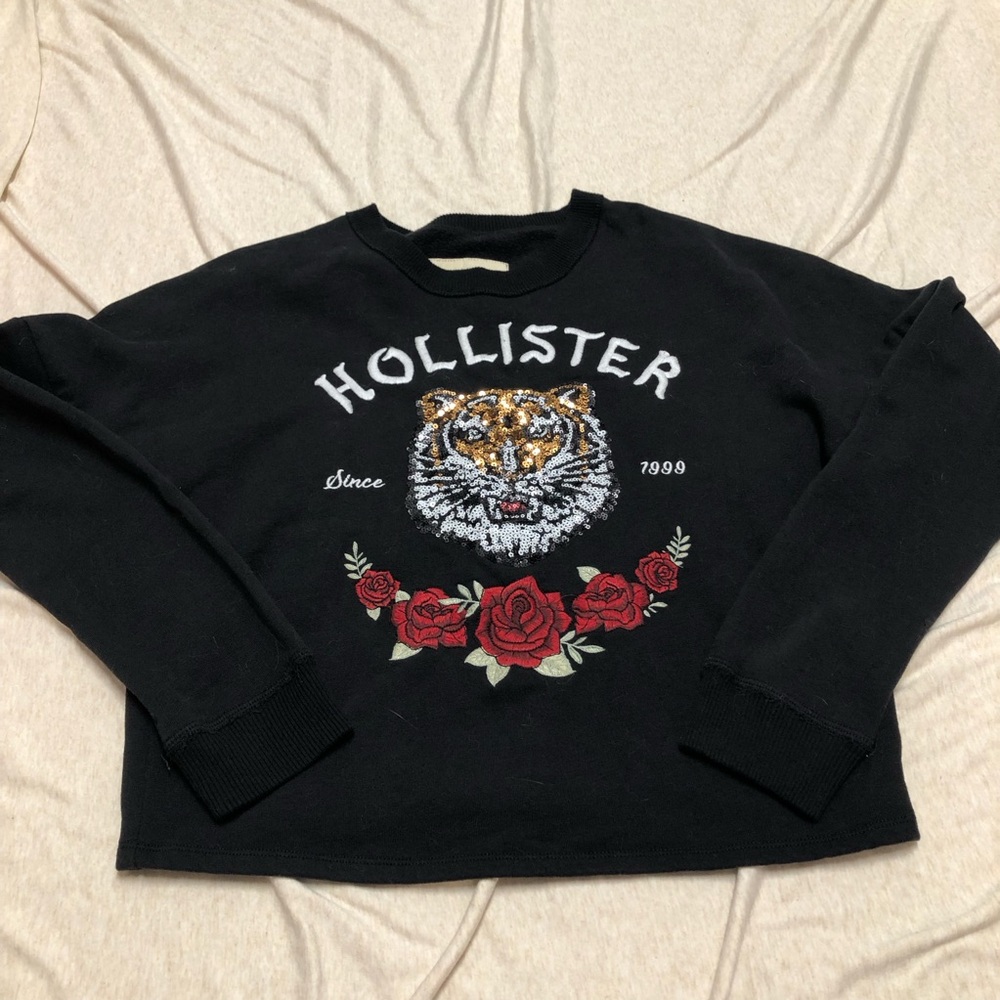 Hollister Sequins Tiger Embroidered Sweatshirt Roses Floral Tattoo Grunge Biker